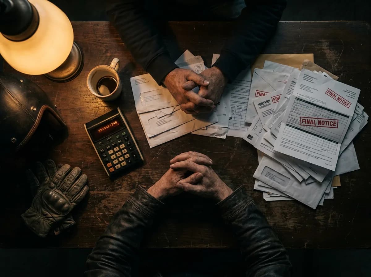 Unpaid bills and final notices piling up on a desk beside a rider's gloves
