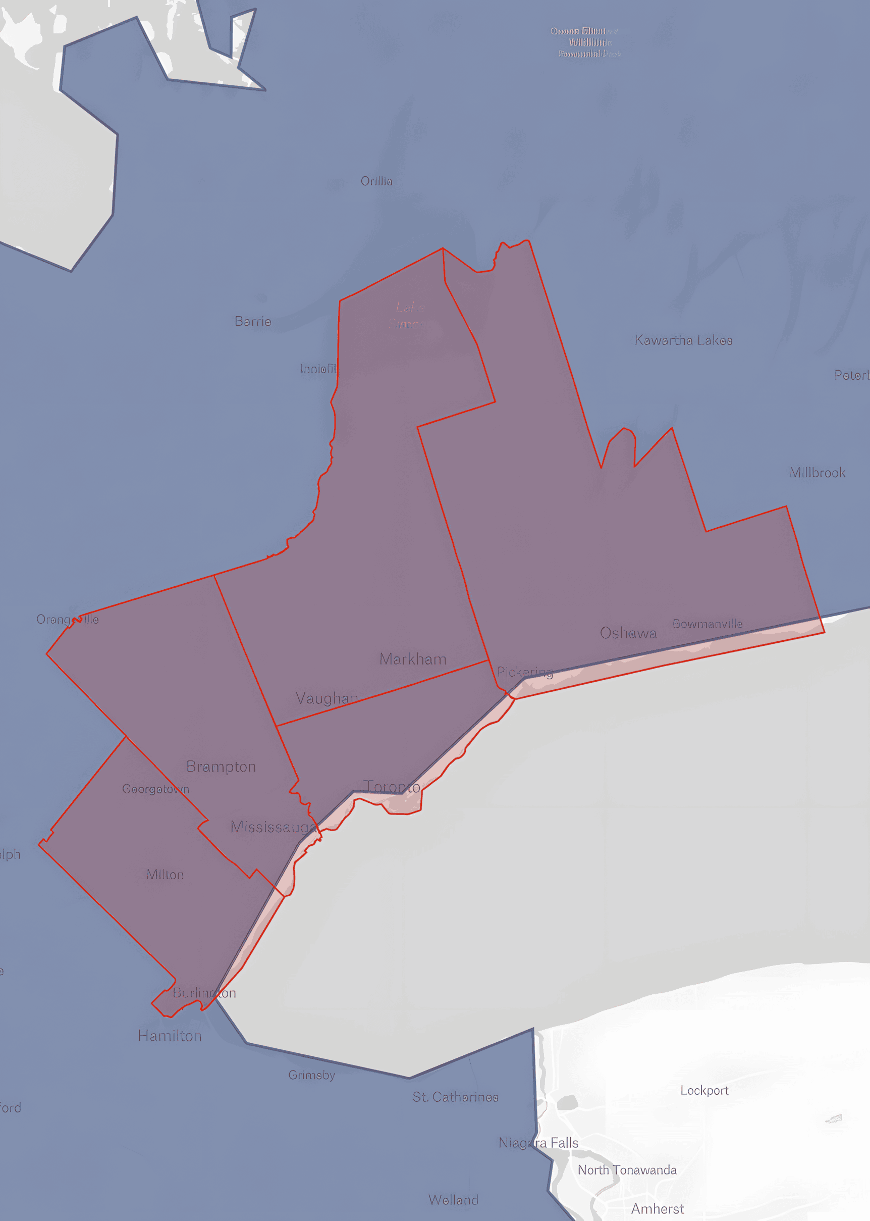 VC Lawyers service-area map covering Toronto and the Greater Toronto Area