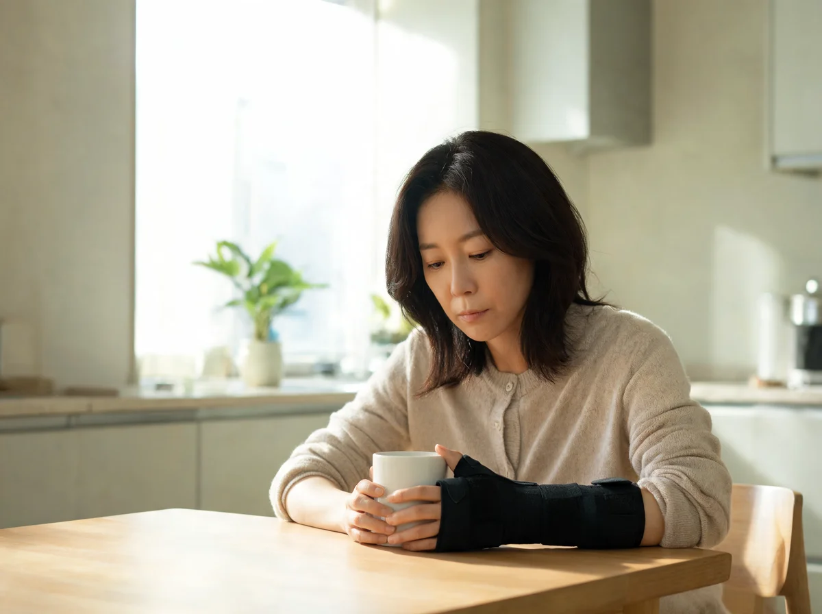 오른쪽 손목에 보호대를 한 채 부엌 식탁에 혼자 앉아 흰 머그잔을 두 손으로 감싸 쥔 한인 여성